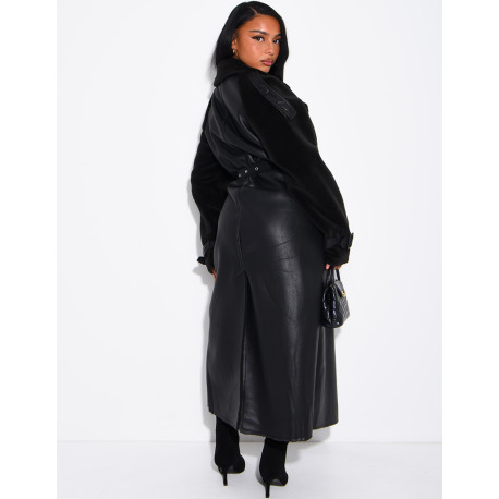 Long faux leather coat with fur lining & contrasting panels