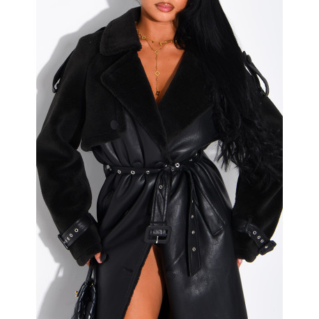Long faux leather coat with fur lining & contrasting panels