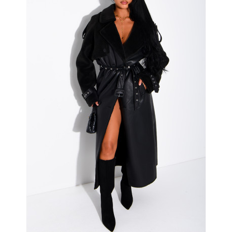 Long faux leather coat with fur lining & contrasting panels
