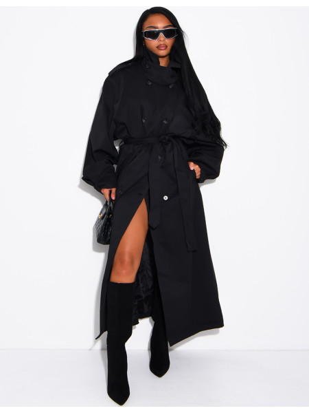 Long, oversized trench coat with a stand-up collar and a belt at the waist
