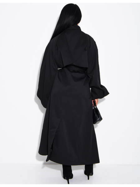 Long, oversized trench coat with a stand-up collar and a belt at the waist