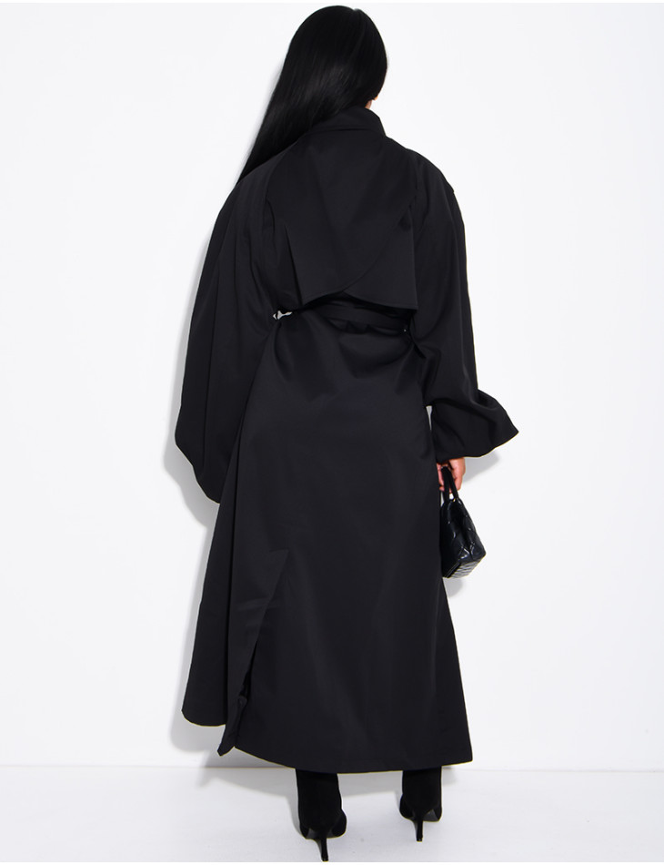 Long, oversized trench coat with a stand-up collar and a belt at the waist