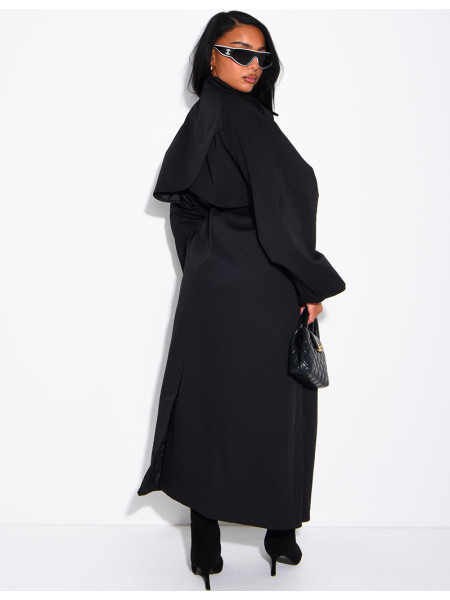 Long, oversized trench coat with a stand-up collar and a belt at the waist