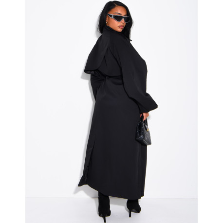 Long, oversized trench coat with a stand-up collar and a belt at the waist
