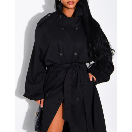 Long, oversized trench coat with a stand-up collar and a belt at the waist
