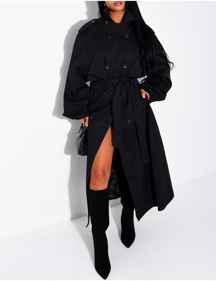 Long, oversized trench coat with a stand-up collar and a belt at the waist