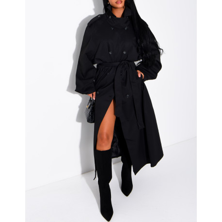 Long, oversized trench coat with a stand-up collar and a belt at the waist