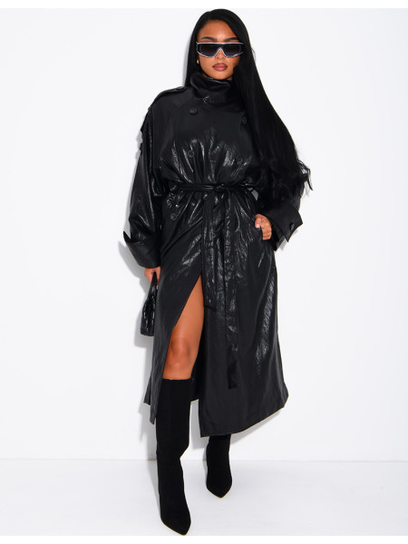 Long, oversized trench coat with a stand-up collar in premium faux leather