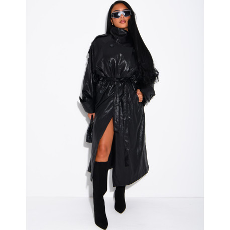 Long, oversized trench coat with a stand-up collar in premium faux leather