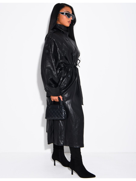 Long, oversized trench coat with a stand-up collar in premium faux leather