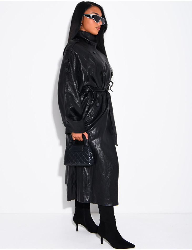 Long, oversized trench coat with a stand-up collar in premium faux leather