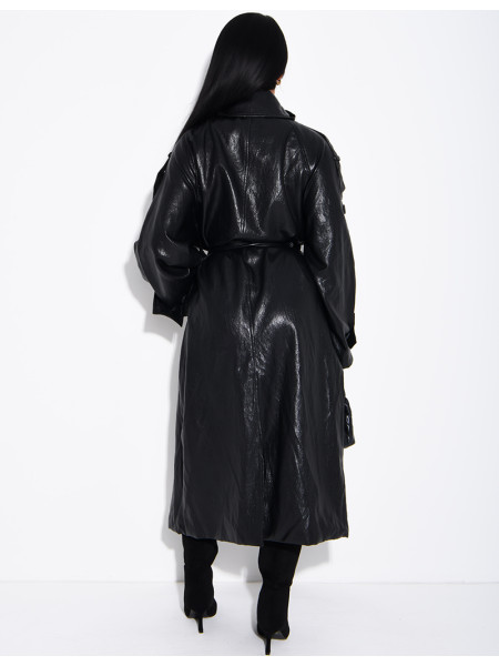 Long, oversized trench coat with a stand-up collar in premium faux leather