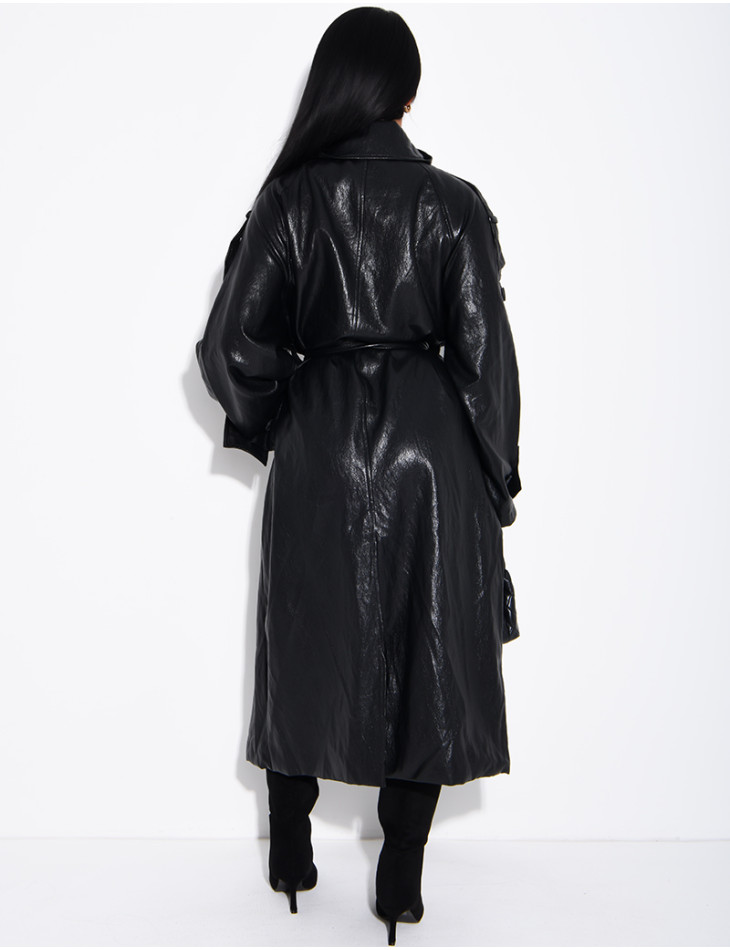 Long, oversized trench coat with a stand-up collar in premium faux leather