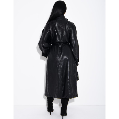 Long, oversized trench coat with a stand-up collar in premium faux leather