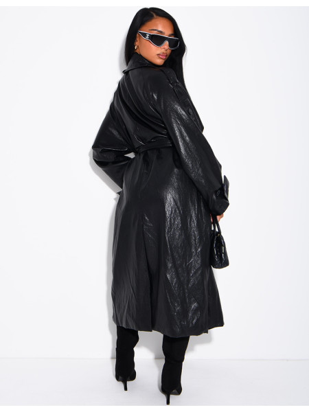 Long, oversized trench coat with a stand-up collar in premium faux leather