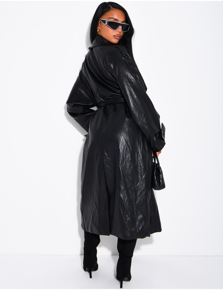 Long, oversized trench coat with a stand-up collar in premium faux leather