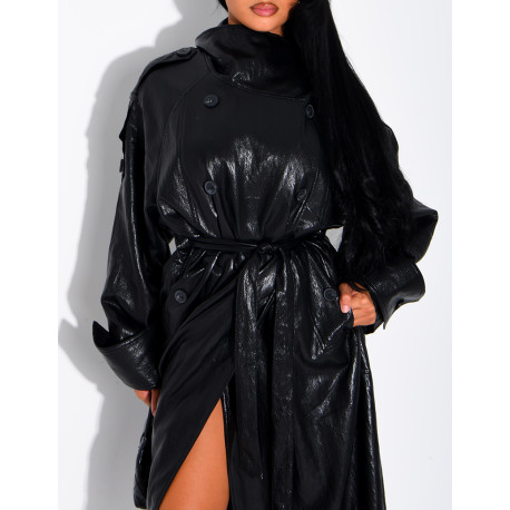 Long, oversized trench coat with a stand-up collar in premium faux leather