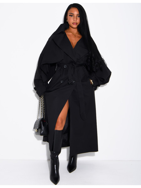 Oversized trench coat with cape-style panels on the sleeves