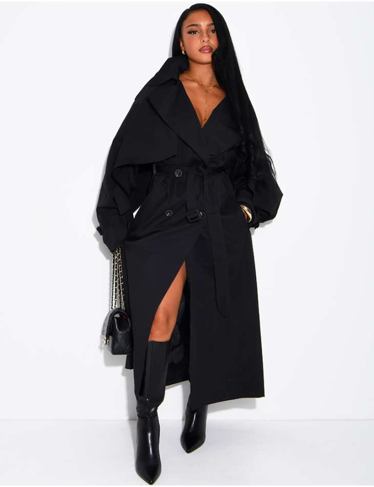 Oversized trench coat with cape-style panels on the sleeves