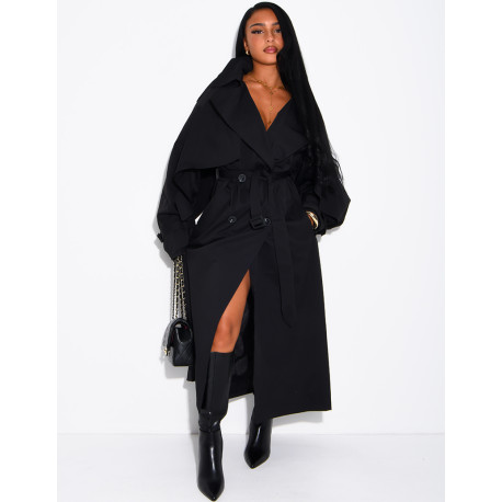 Oversized trench coat with cape-style panels on the sleeves