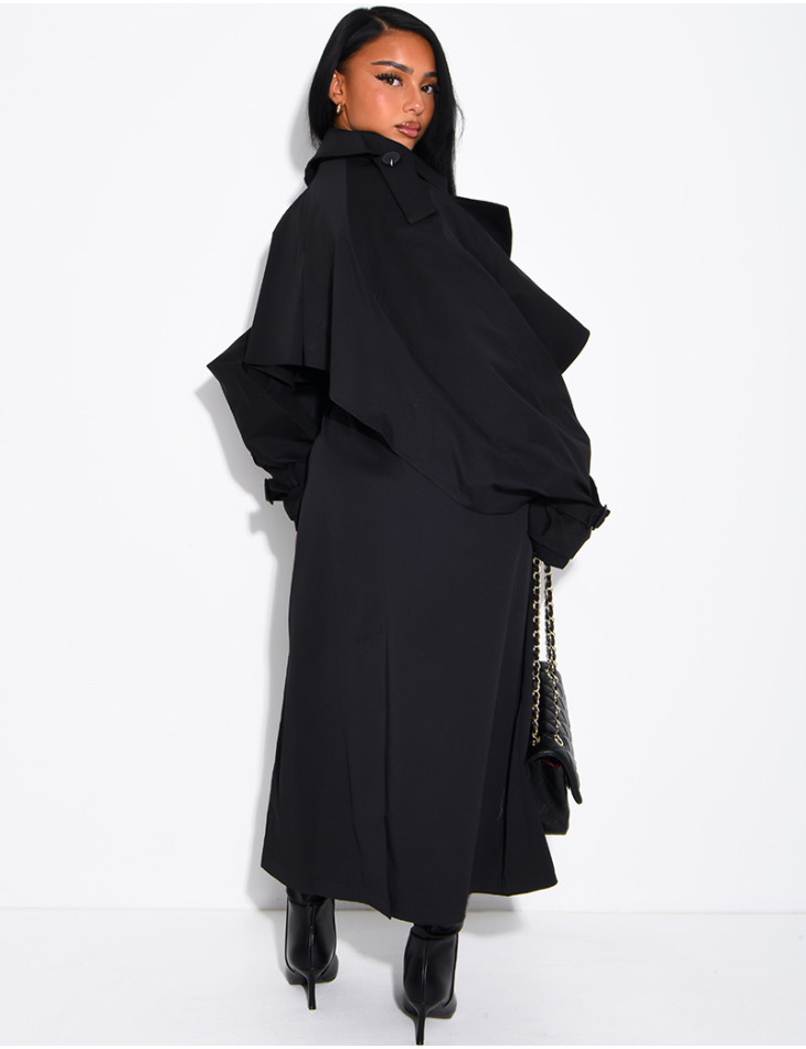 Oversized trench coat with cape-style panels on the sleeves