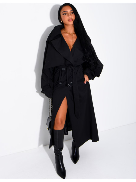 Oversized trench coat with cape-style panels on the sleeves