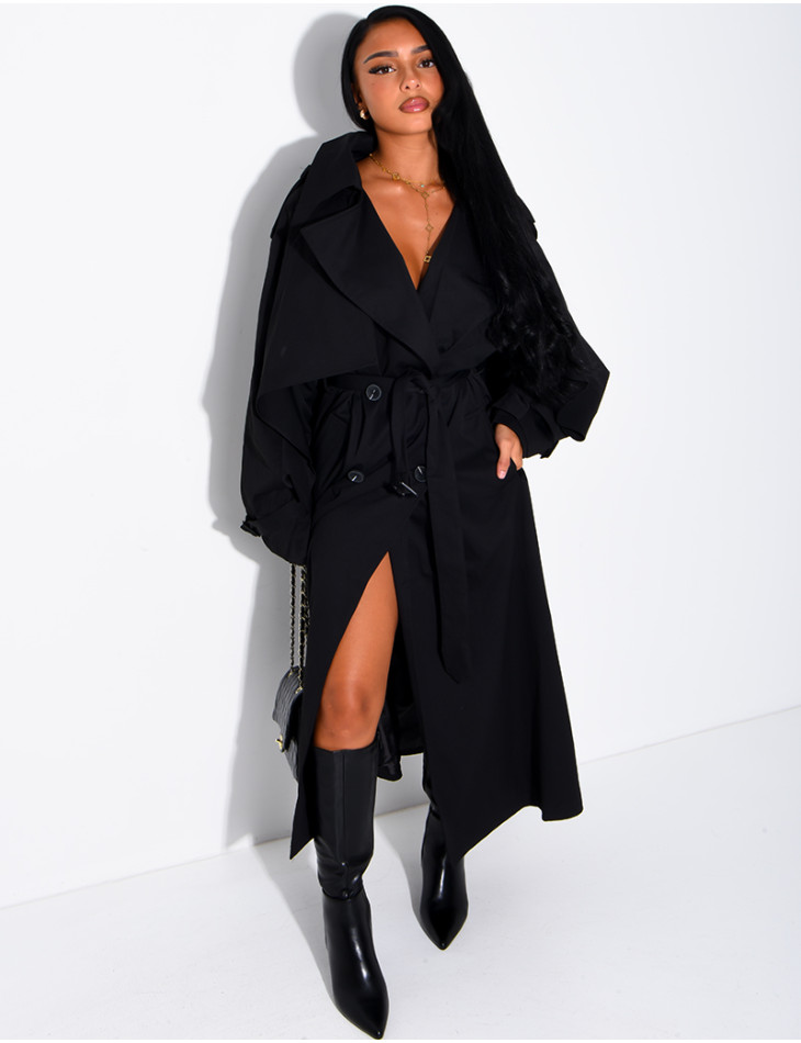 Oversized trench coat with cape-style panels on the sleeves