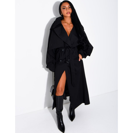 Oversized trench coat with cape-style panels on the sleeves