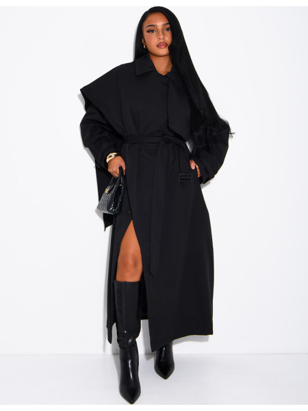 Long, oversized trench coat with a cape and waist belt