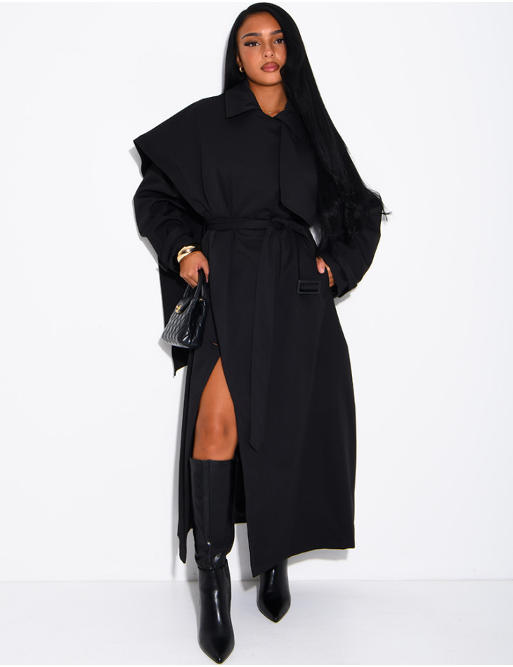 Long, oversized trench coat with a cape and waist belt