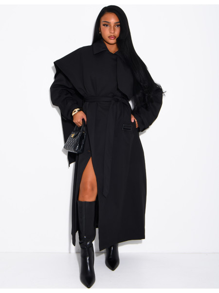 Long, oversized trench coat with a cape and waist belt