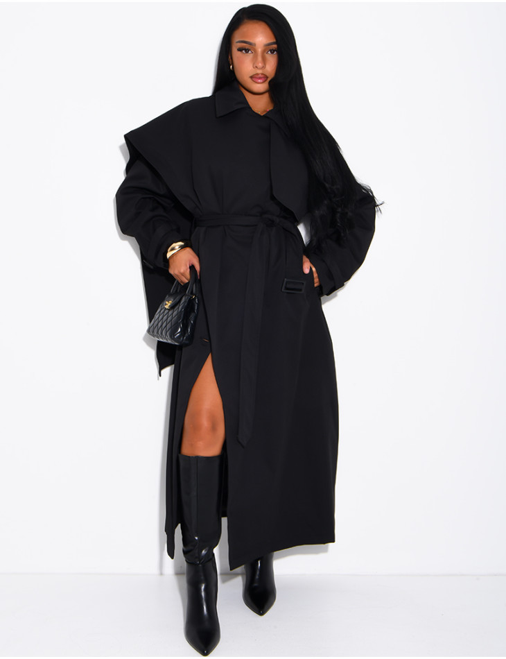 Long, oversized trench coat with a cape and waist belt