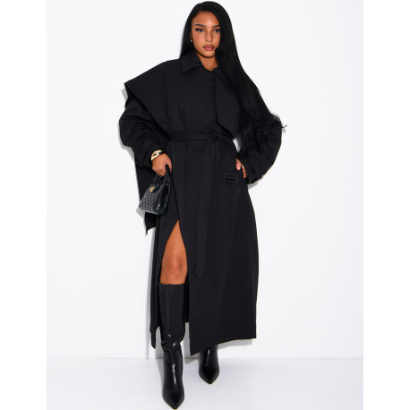 Long, oversized trench coat with a cape and waist belt
