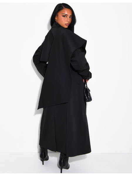 Long, oversized trench coat with a cape and waist belt