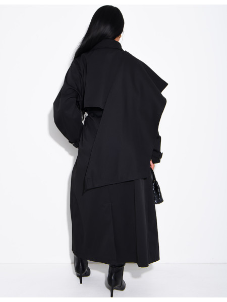 Long, oversized trench coat with a cape and waist belt