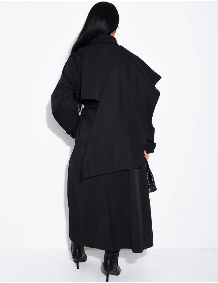 Long, oversized trench coat with a cape and waist belt