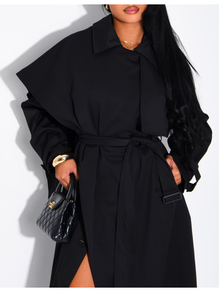 Long, oversized trench coat with a cape and waist belt