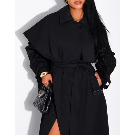 Long, oversized trench coat with a cape and waist belt