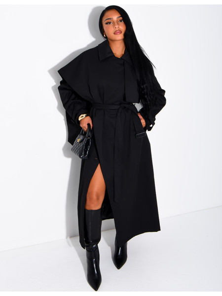 Long, oversized trench coat with a cape and waist belt