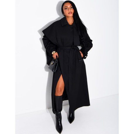 Long, oversized trench coat with a cape and waist belt