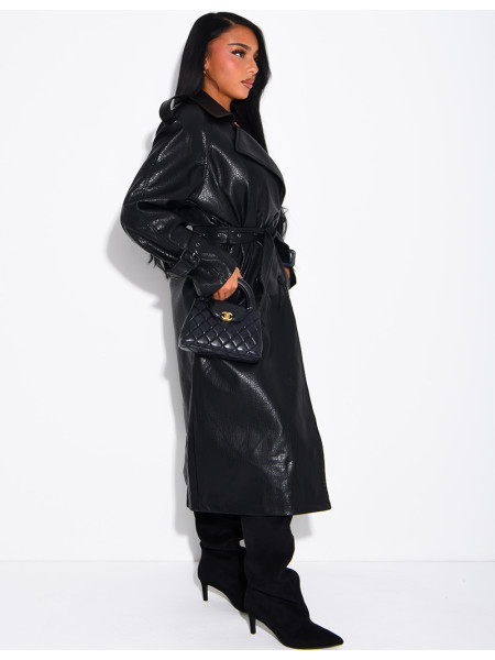 Extra-long faux leather trench coat with crocodile-effect finish and belt