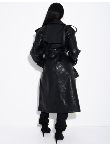 Extra-long faux leather trench coat with crocodile-effect finish and belt