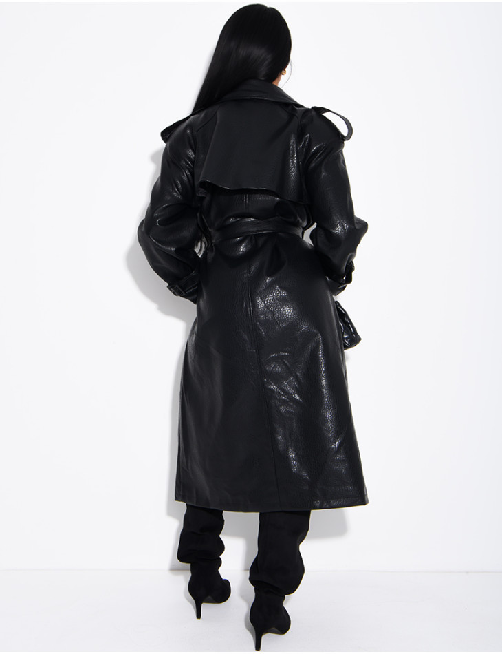 Extra-long faux leather trench coat with crocodile-effect finish and belt