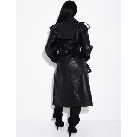 Extra-long faux leather trench coat with crocodile-effect finish and belt