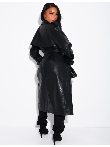 Extra-long faux leather trench coat with crocodile-effect finish and belt