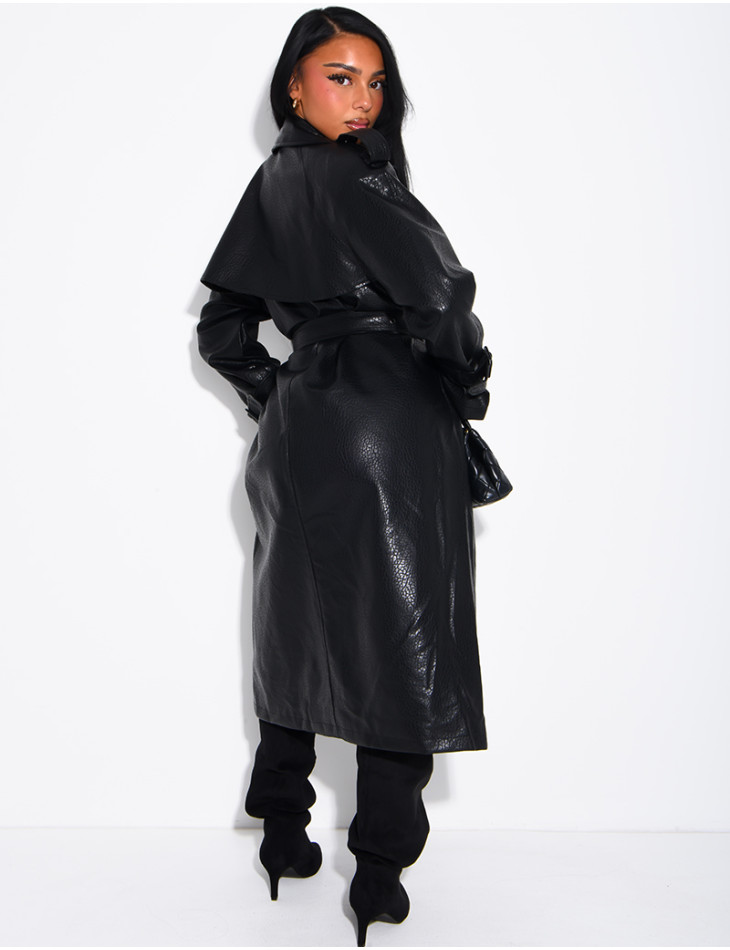 Extra-long faux leather trench coat with crocodile-effect finish and belt