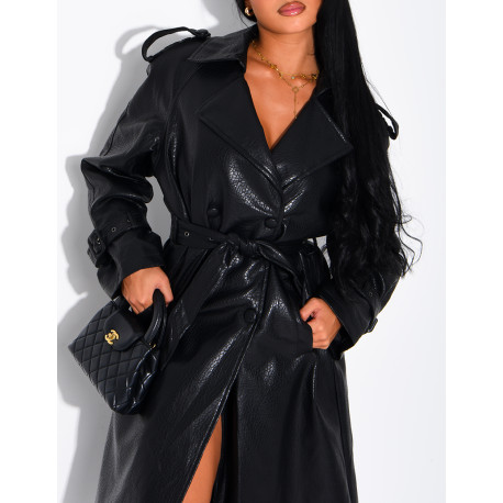 Extra-long faux leather trench coat with crocodile-effect finish and belt