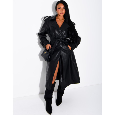 Extra-long faux leather trench coat with crocodile-effect finish and belt