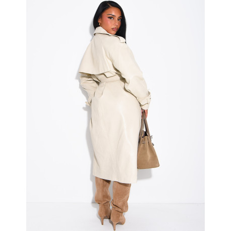 Extra-long faux leather trench coat with crocodile-effect finish and belt