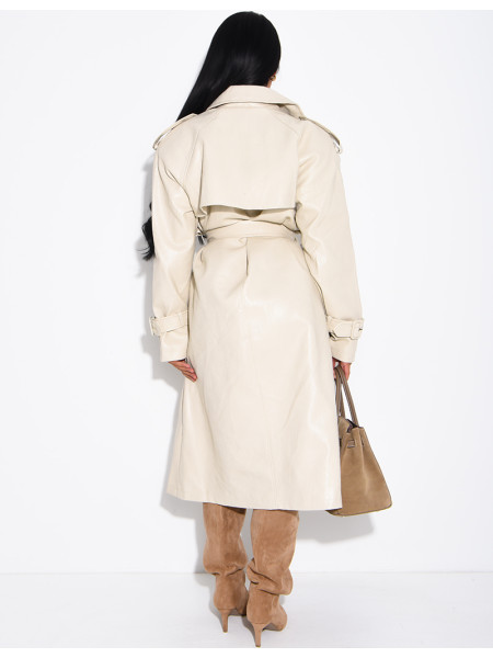 Extra-long faux leather trench coat with crocodile-effect finish and belt